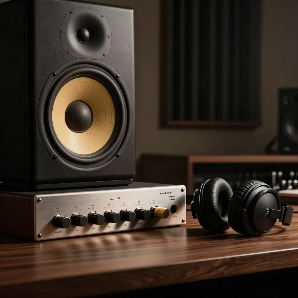 Studio monitor cone, compressor face and headphones on dark wood in dramatic low light.