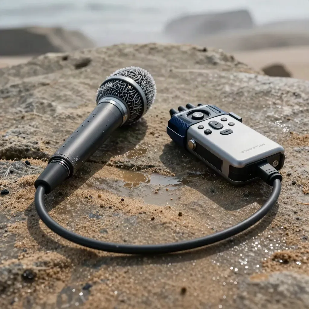 Wet shotgun mic, field recorder and coiled cable drying on sandstone in sea mist