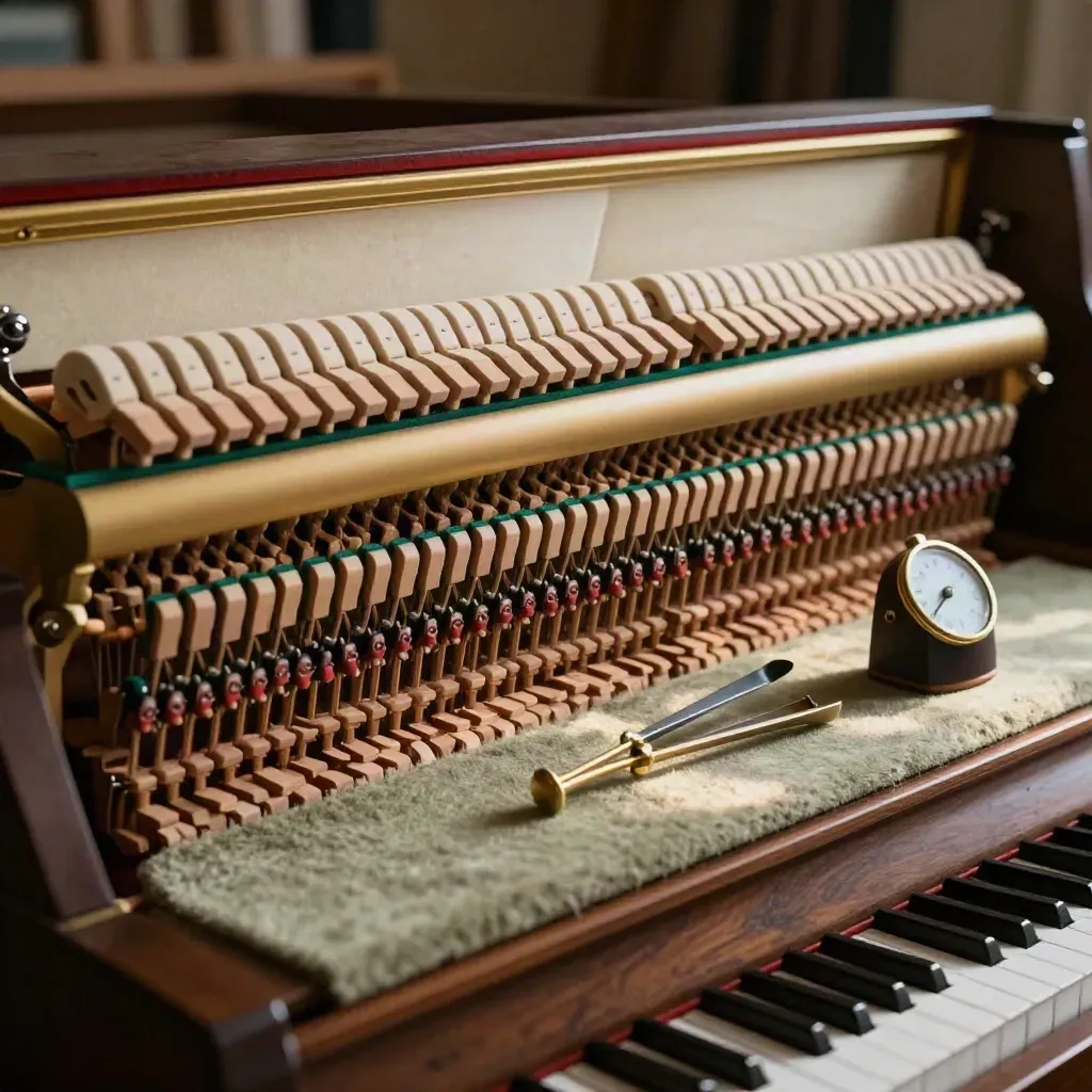 Upright piano action with metronome and tuning fork in soft studio light.