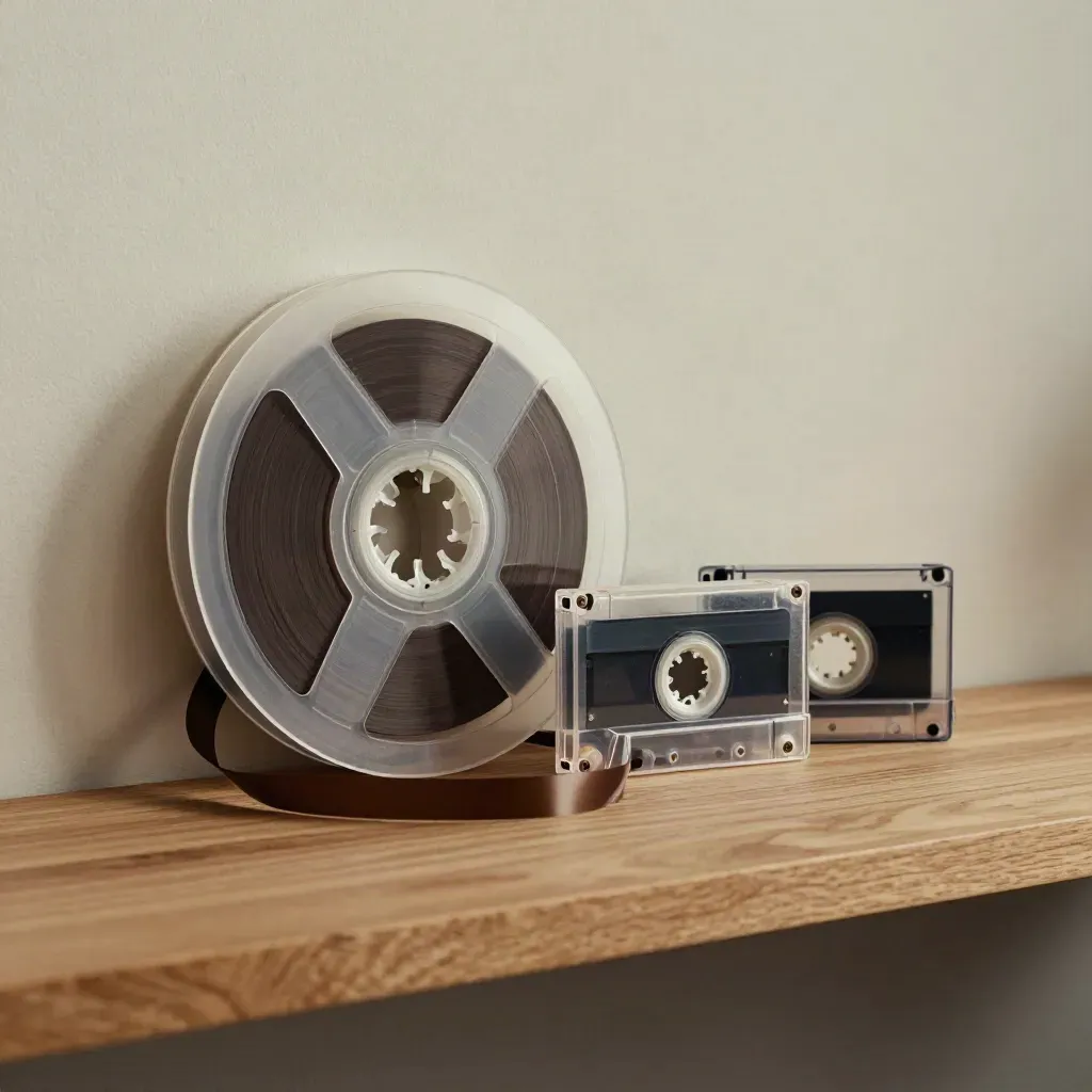 Magnetic tape reel with archival case and spare cartridges on a warm wood shelf.