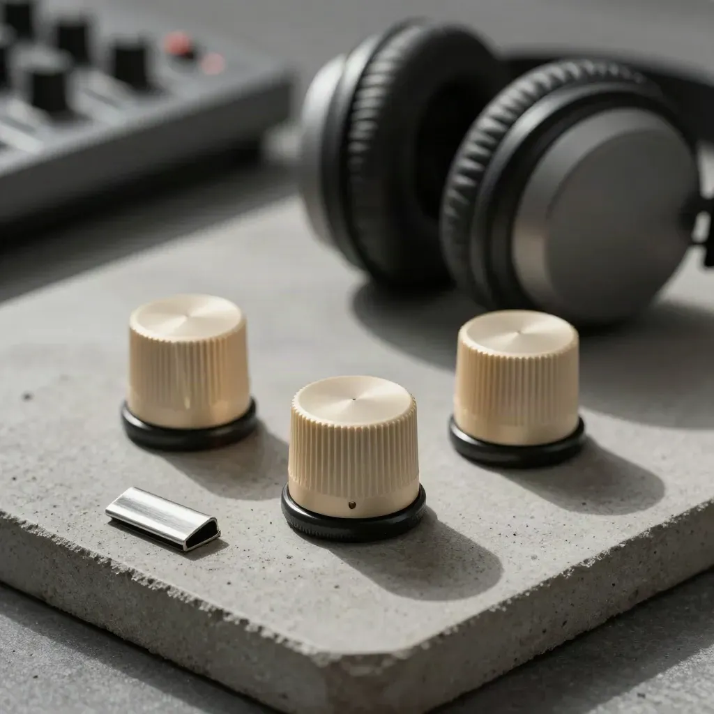 Three audio knobs, closed headphones and a metal clip on pale concrete, softly lit.