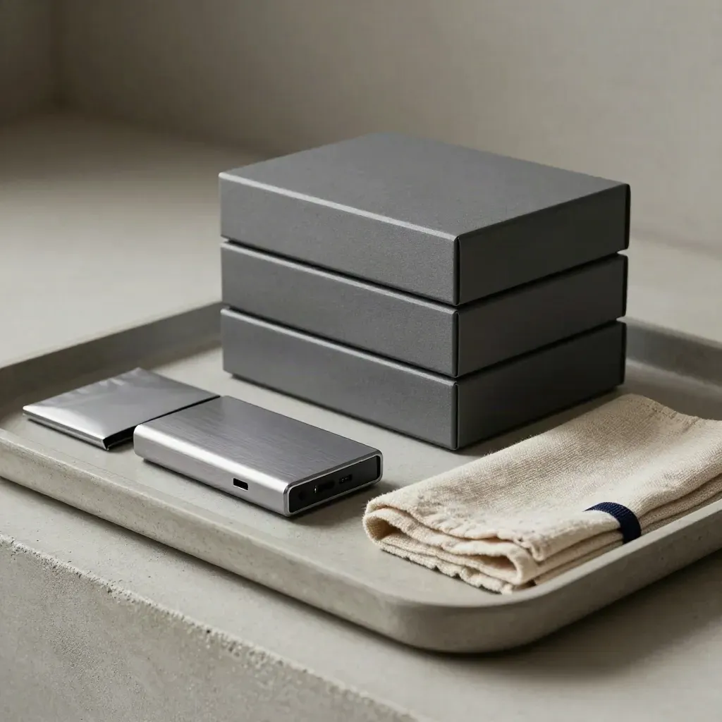 Archive drive stack with aluminum mailer on a concrete tray and linen cloth