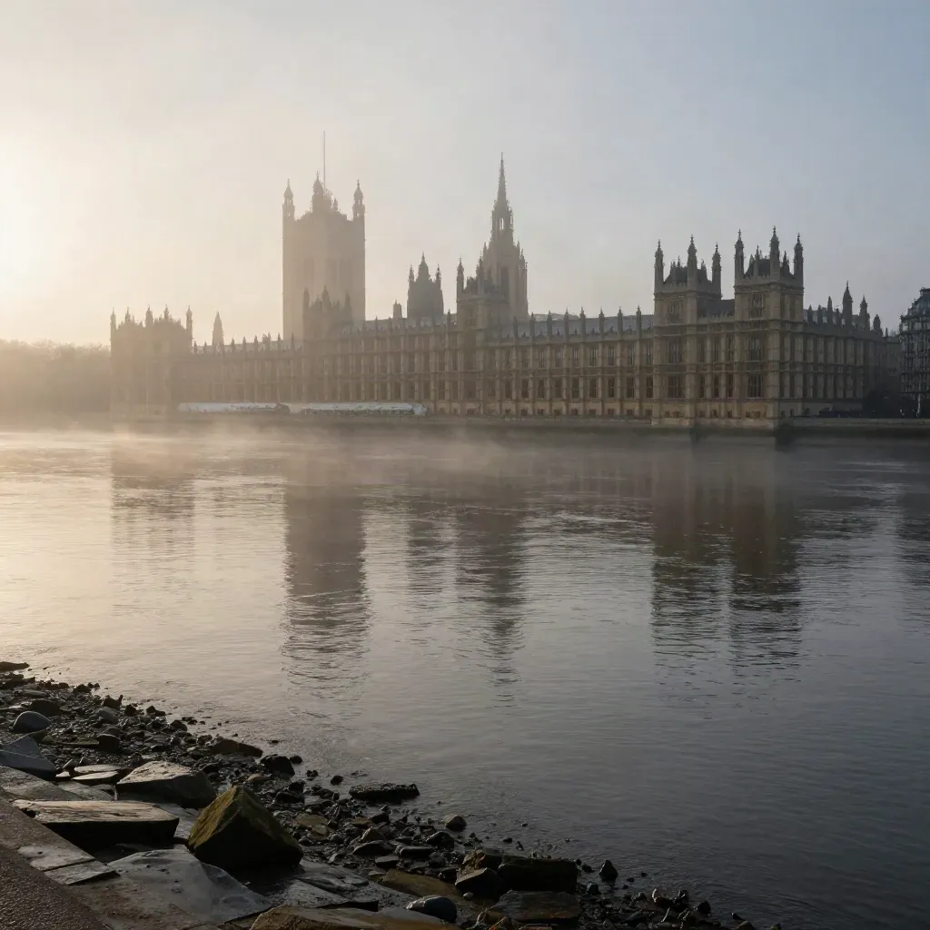 Thames at dawn with Parliament in mist above calm water and pale stone banks