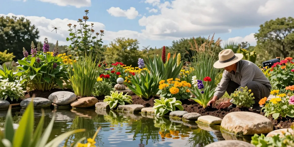 Vibrant Marginal Pond Plants flourishing by tranquil garden pond