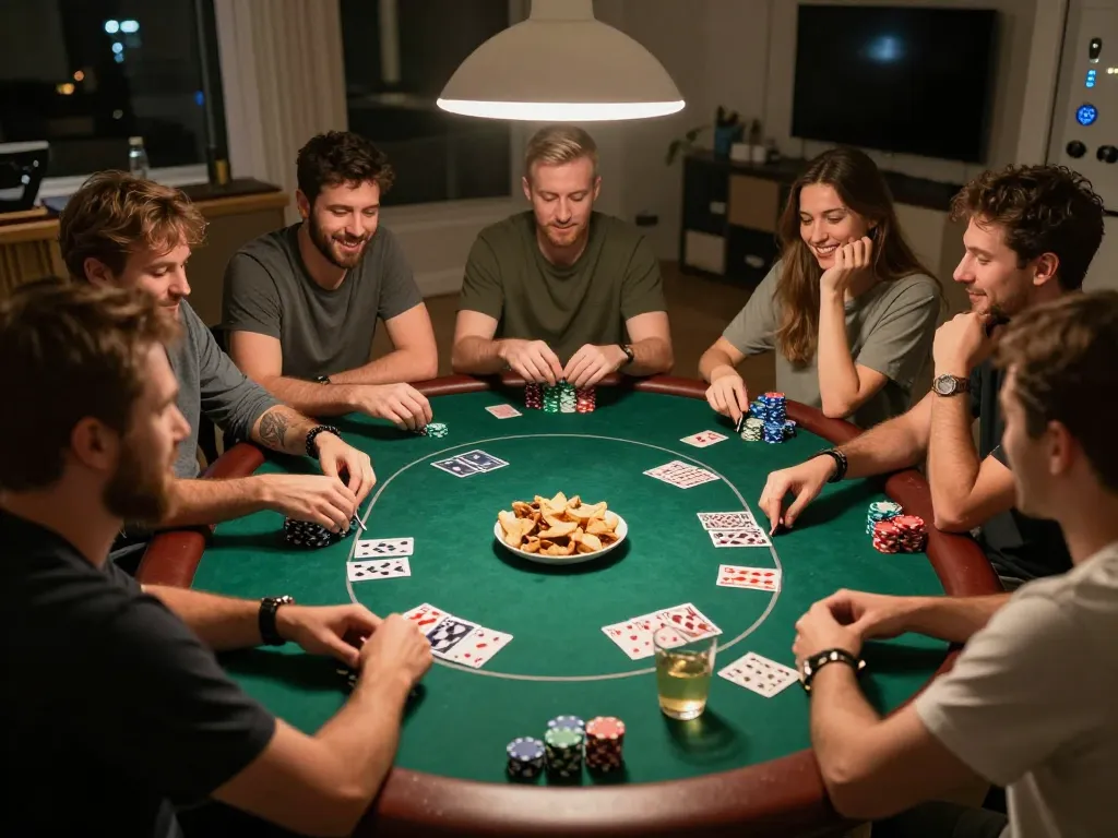 Players enjoying a home poker night, engaging and strategizing at the table, enhancing the experience at https://n188.build/