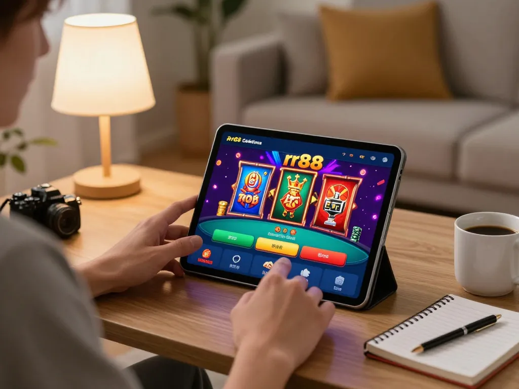 Enjoying online gaming with rr88 app in a cozy setting, showcasing strategic betting.