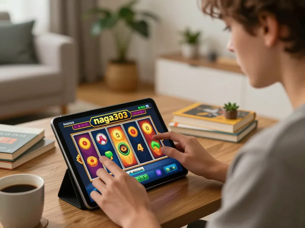 Naga303 slot gameplay on tablet in a cozy home setting with soft lighting and colorful reels.