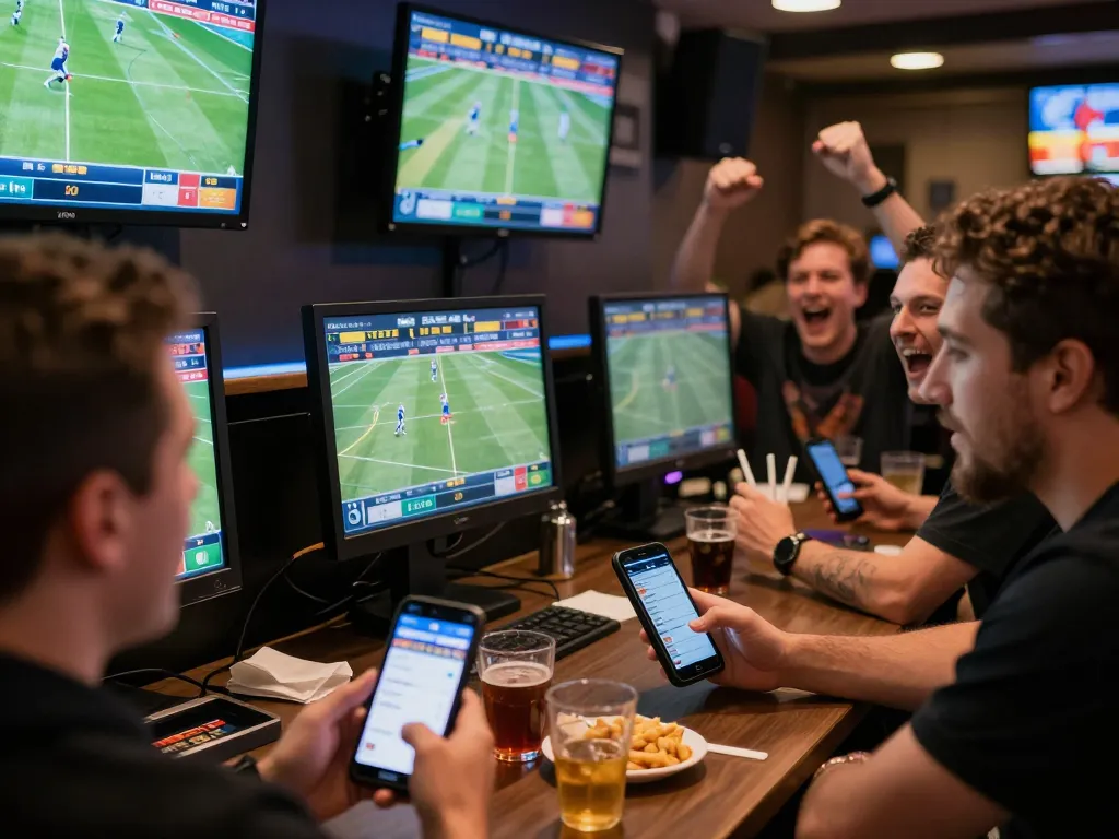 Engaging bettors analyzing odds during a dynamic sports betting session, showcasing strategic gameplay with depo