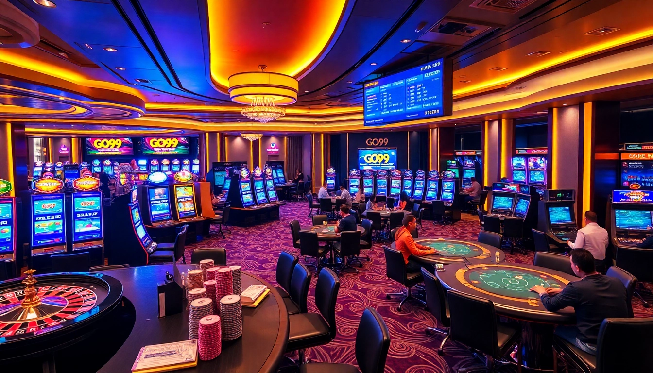 Players engage in exciting games at the luxurious GO99 casino, featuring roulette and slot machines.