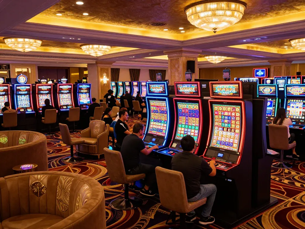 Engaged players at 56WIN excitedly watching a jackpot on vibrant slot machines.