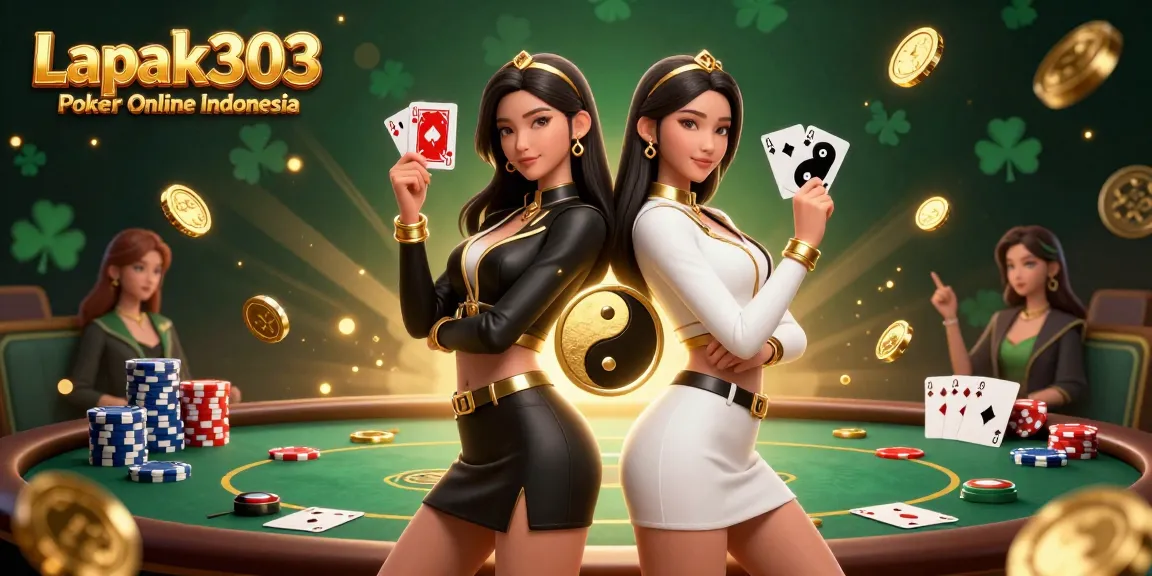 Join the excitement with Lapak303 Poker Online Indonesia, featuring powerful Asian women with poker cards in a vibrant casino scene.