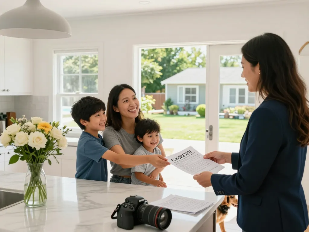 Sell my house fast for cash as family accepts a cash offer in their bright kitchen.