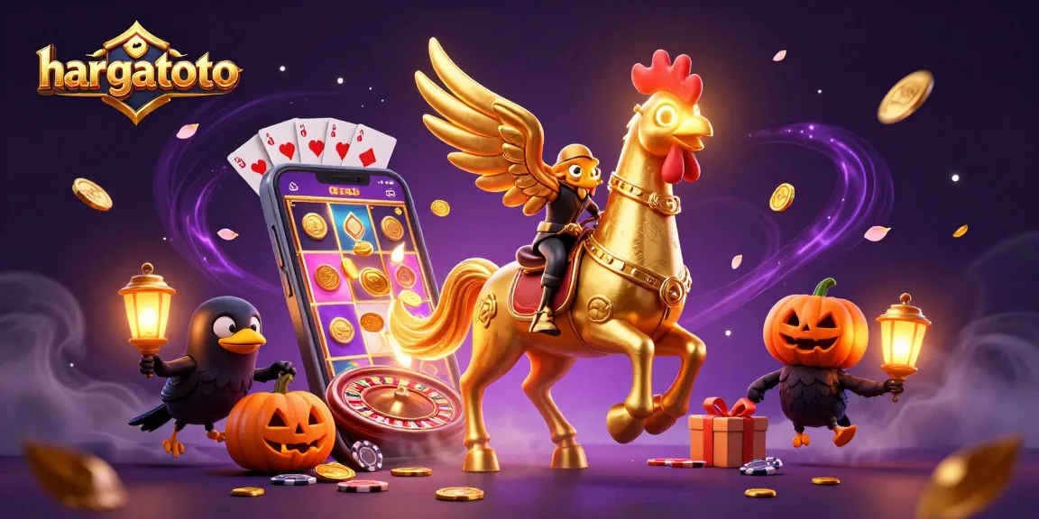 Engage with hargatoto's thrilling gaming experience featuring a golden rooster amid vibrant casino elements.
