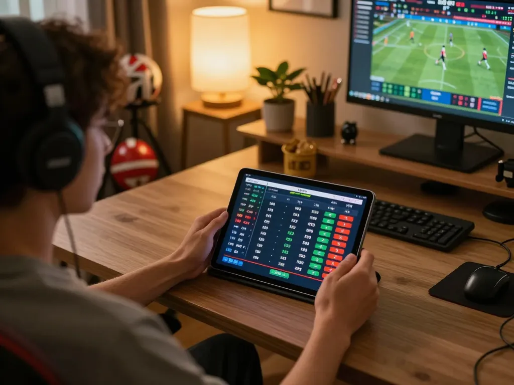 Betting on keo nha cai during an online sports event in a cozy home office.