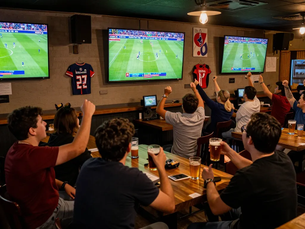 Exciting scene of fans enjoying trực tiếp bóng đá okwintv at a sports bar, celebrating live football broadcasts