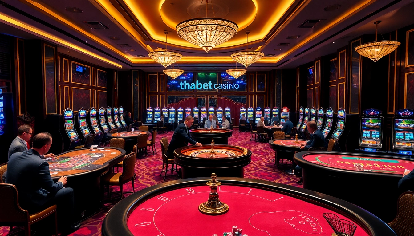 Engaging scene at thabet casino with players competing at card tables and vibrant slot machines.