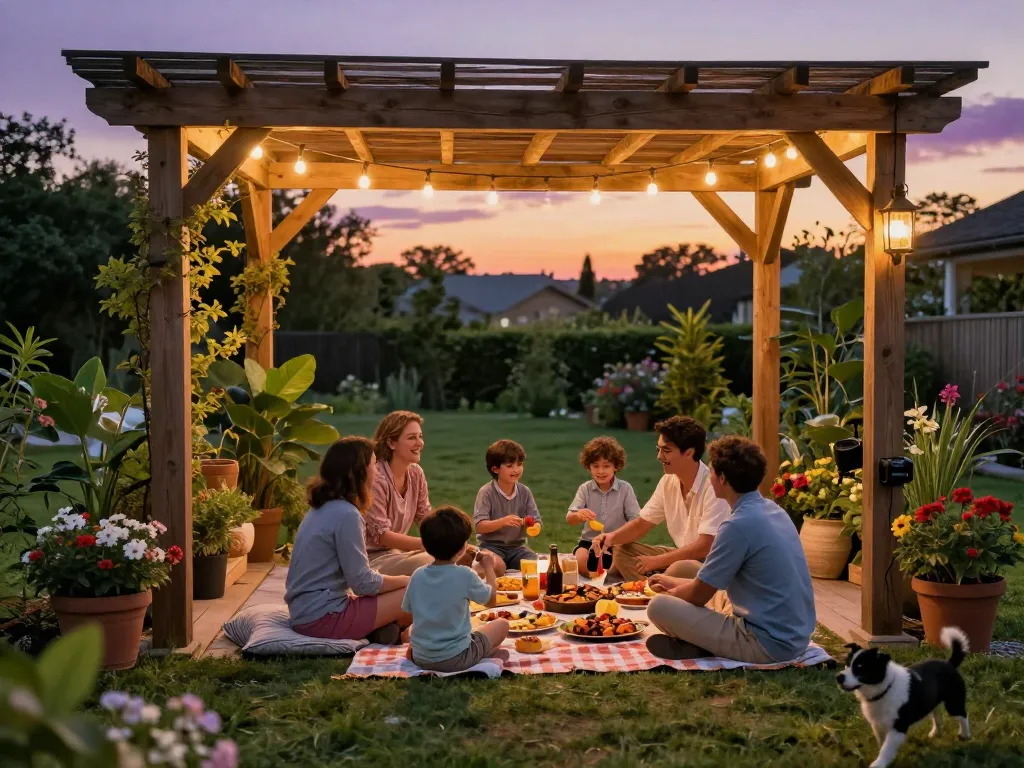 Gathering under a custom pergola with a pergola configurator, enjoying an outdoor feast and warm ambiance.