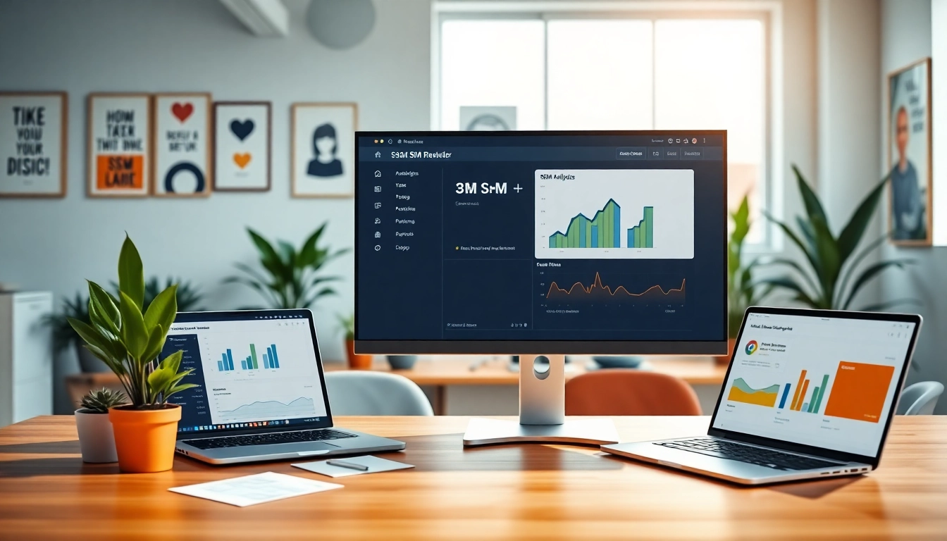 View of an smm reseller panel displayed on a modern office monitor, illustrating digital marketing strategies.