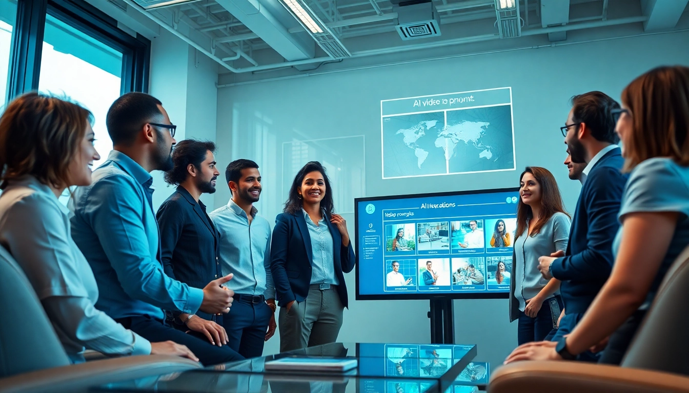 Video to prompt AI generator in a modern office with professionals analyzing video data seamlessly.