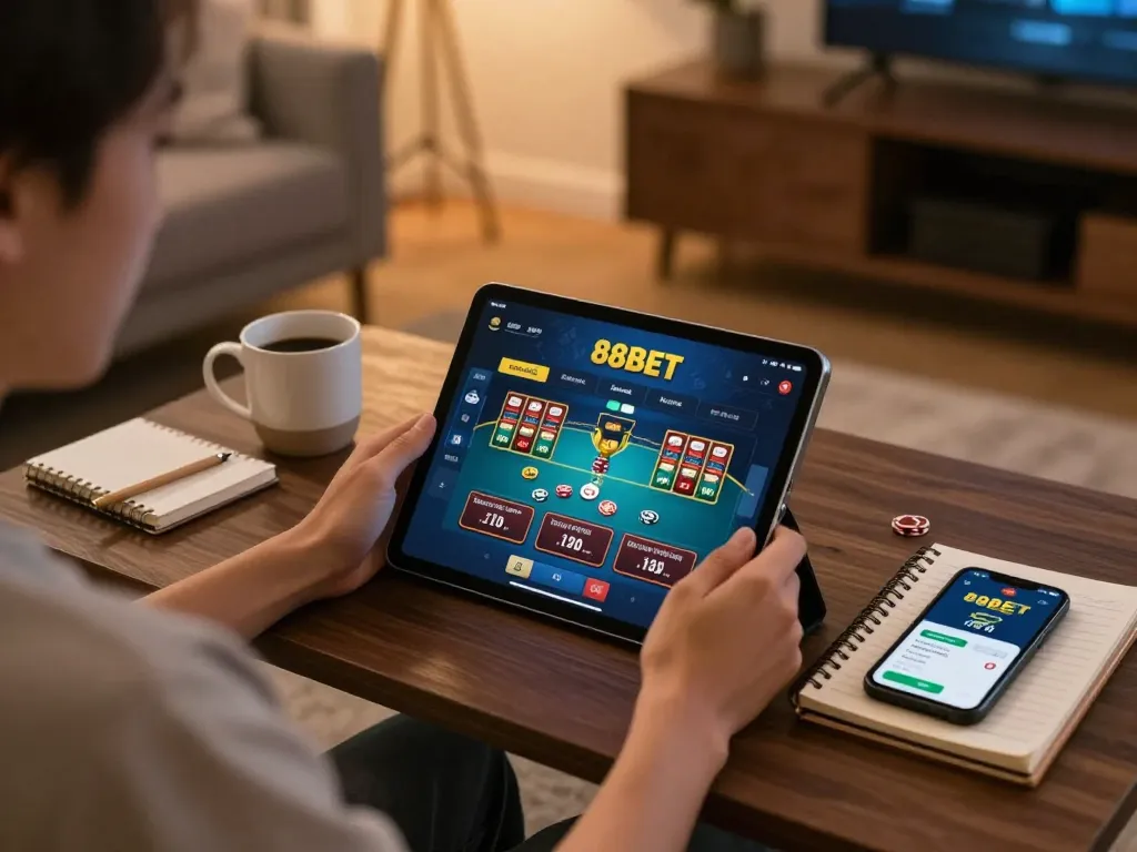Engaging in online poker gameplay on 88BET using a tablet in a cozy home setting.