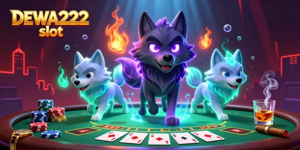 Experience winning moments with DEWA222 slot as ghostly wolves play at a vibrant poker table with dramatic poker elements.