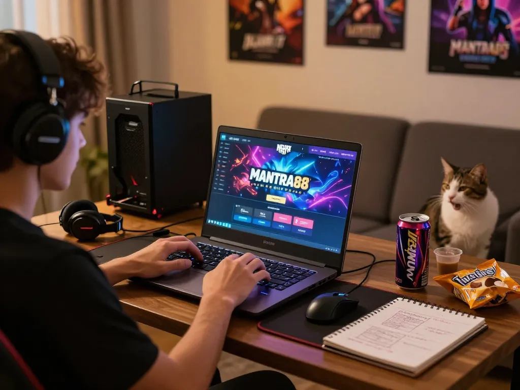 Seamless mantra88 login while gaming at home, showcasing a cozy setup with vibrant accessories.