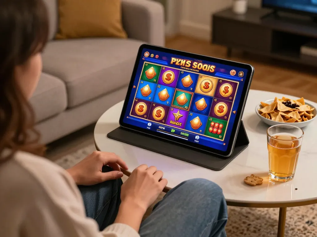 Engaging online slot gameplay on tablet showcasing gta togel for potential jackpot wins in a cozy home setting.