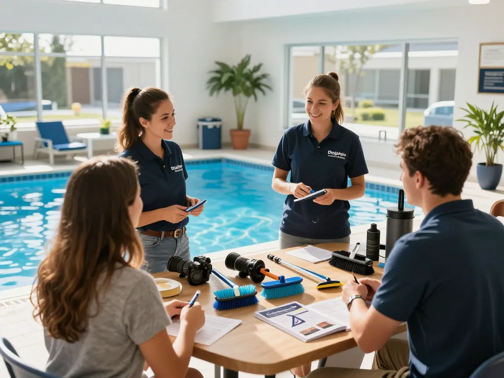 Dolphin Pool Services team helping customers in a bright, inviting showroom.