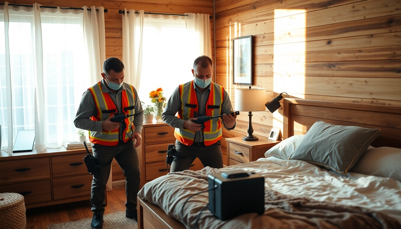 Local bed bug exterminators inspecting a bedroom for pest detection in a warm setting.