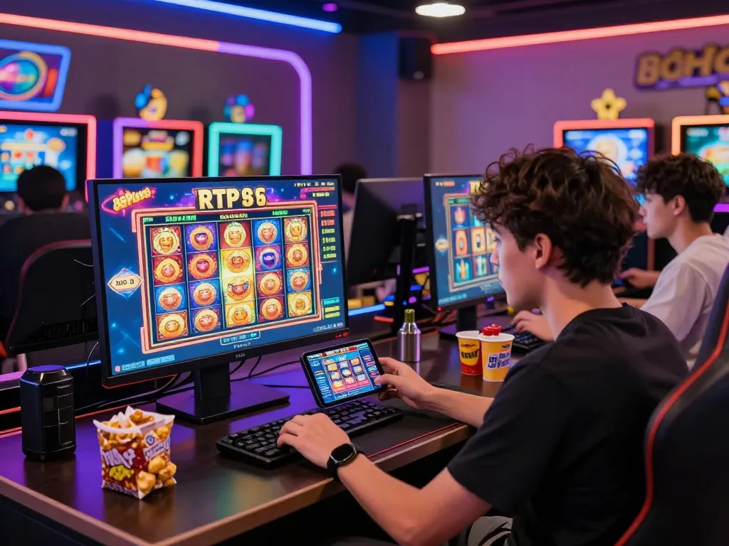 Engaging gaming scene with players using 88Pulsa for thrilling slot experiences in a vibrant, colorful setting.