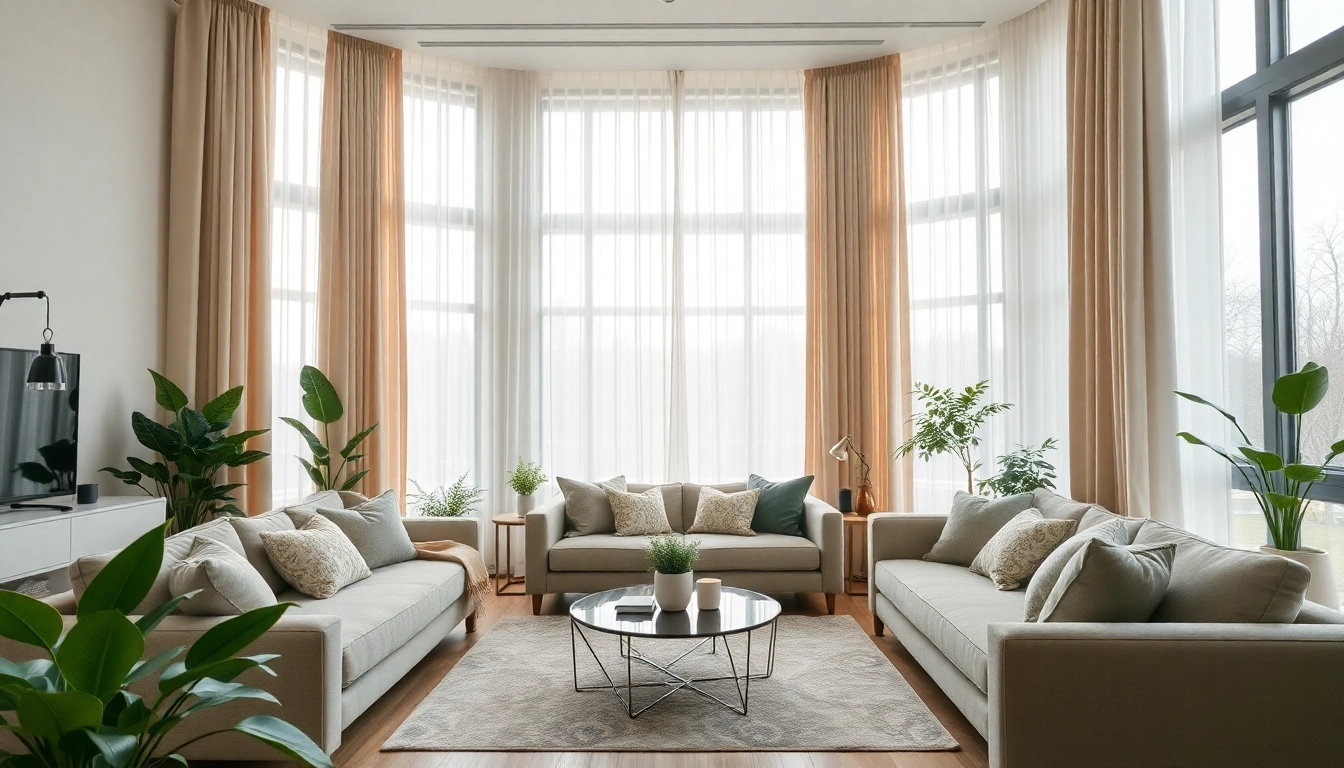 Verduisterende gordijnen bieden optimale privacy en sfeer in een moderne woonkamer.