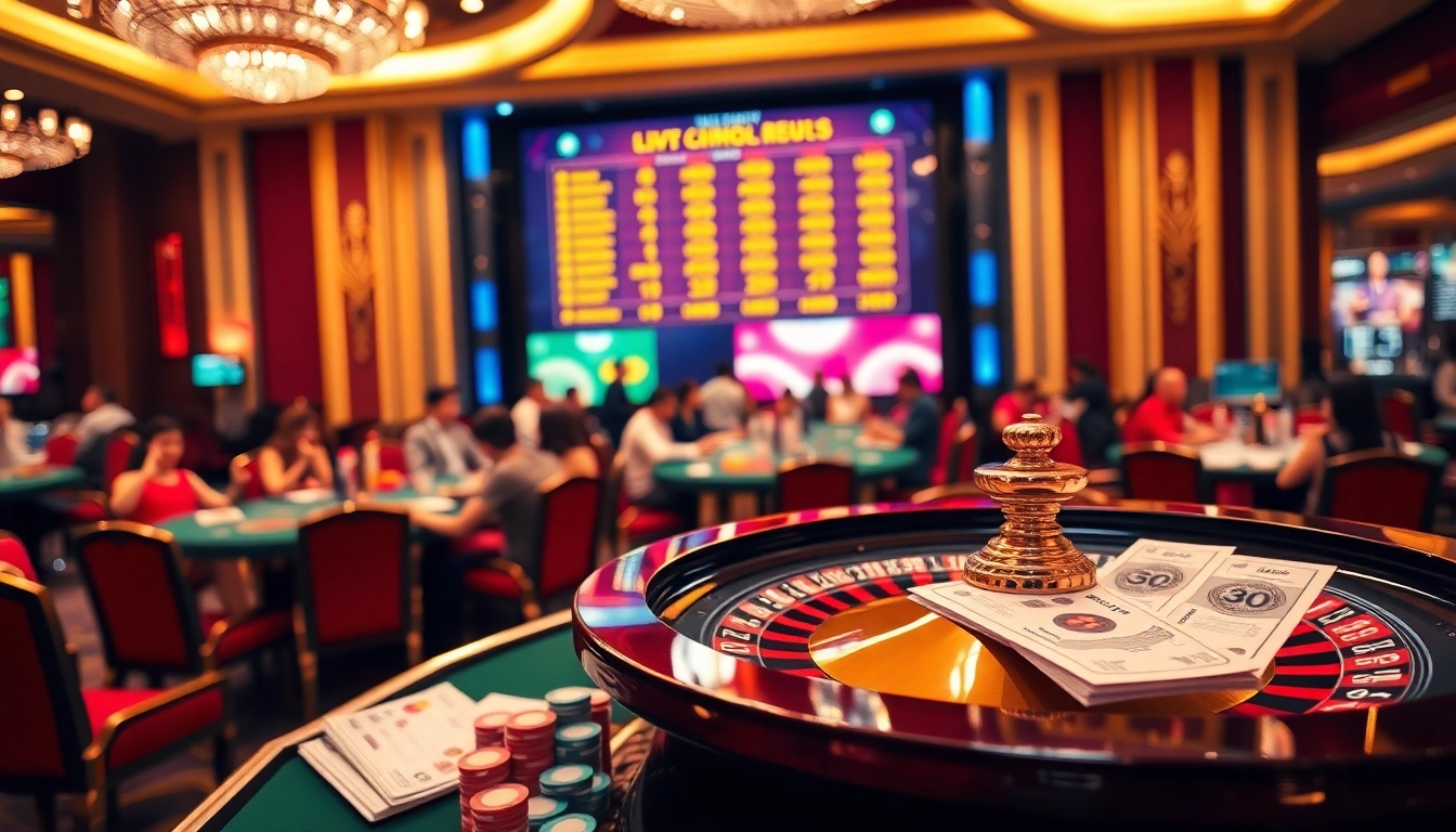 Kết quả xổ số hôm nay displayed prominently on a digital board within an elegant casino scene.