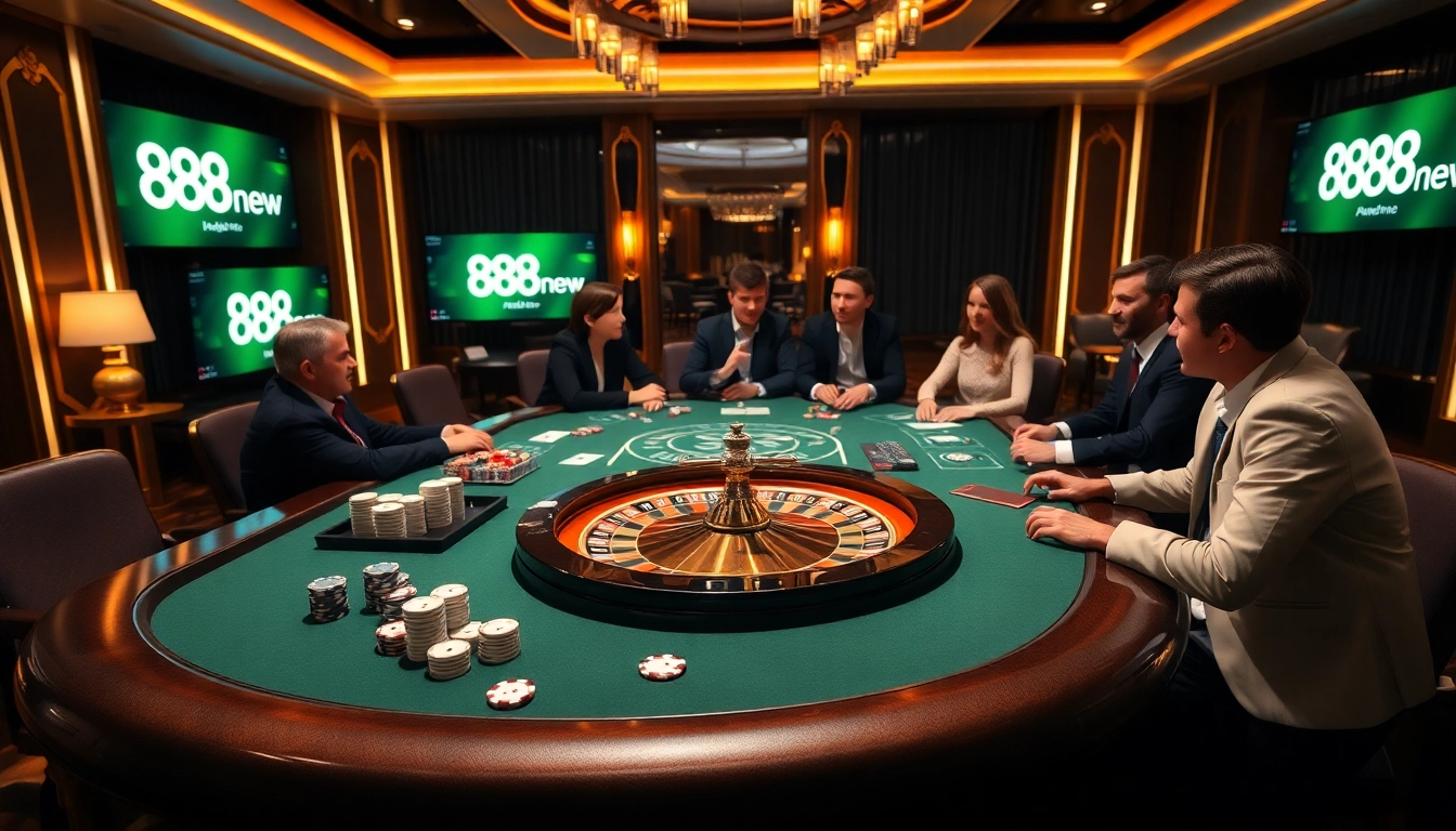 Engaging casino scene with players at a poker table, highlighting 888new excitement and luxury.