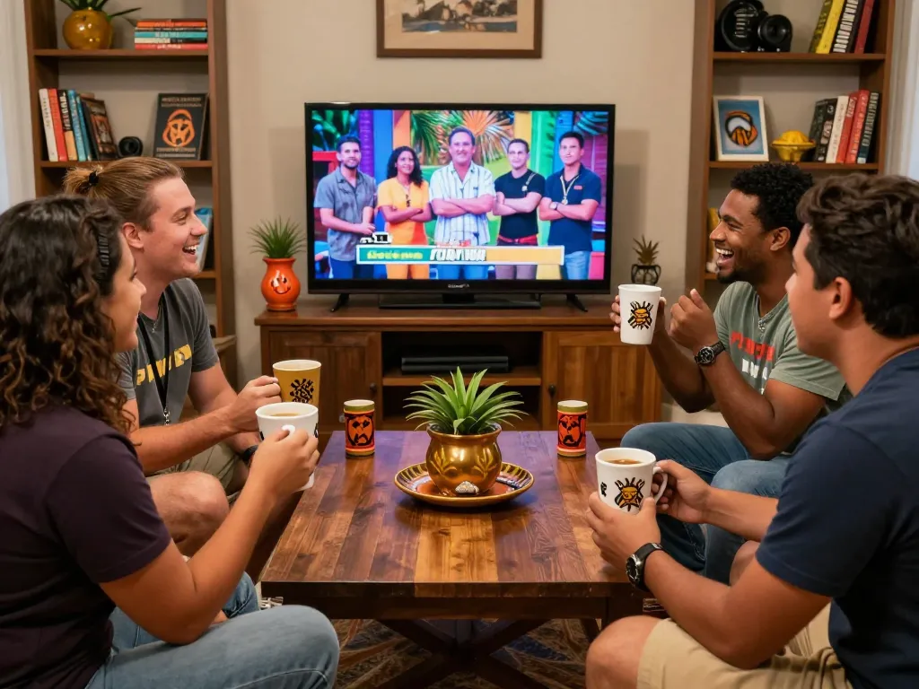 Survivor Turning fans engaged in vibrant discussion with themed merchandise and TV playing favorite episode.