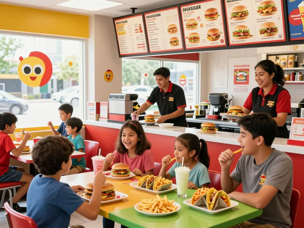 Enjoying a lively fast food menu experience with families and friends at a restaurant.