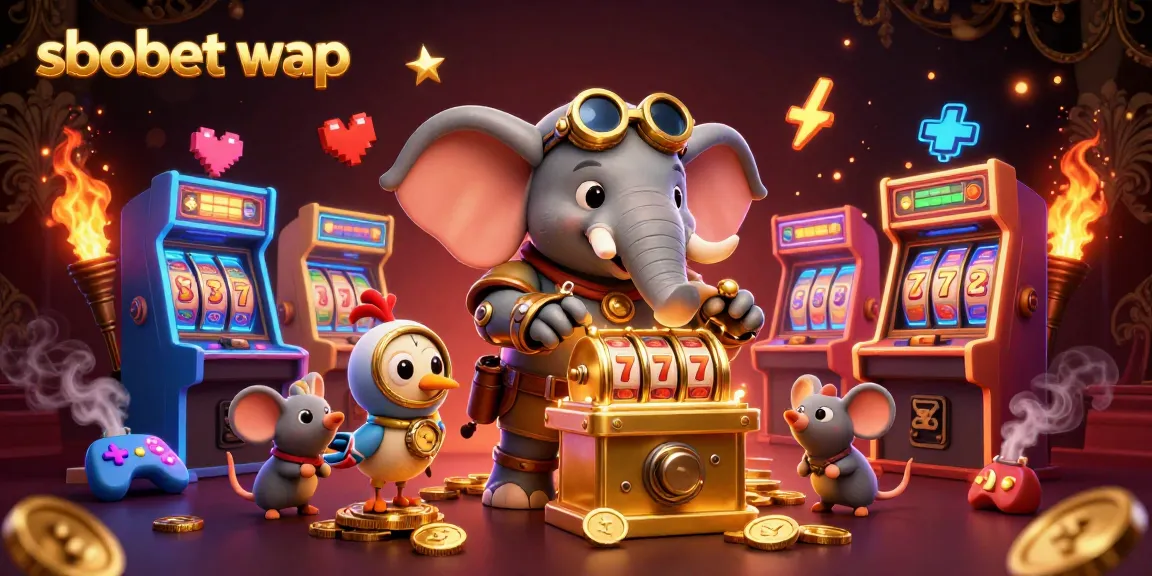 Engage with sbobet wap through colorful slot machines and animated steampunk characters in a lively casino scene.