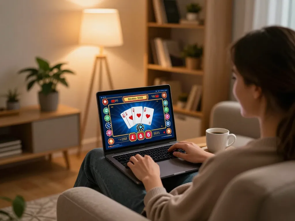Enjoying online casinos Canada at home with poker game displayed on laptop