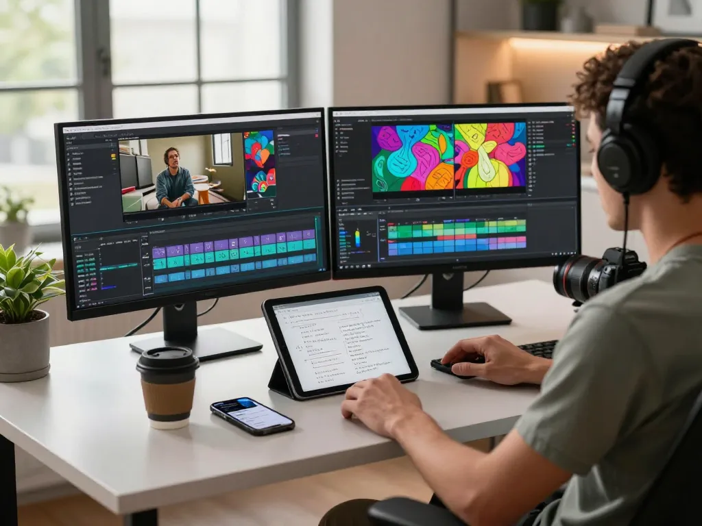 A creative professional using a video to prompt AI generator in a modern editing workspace.