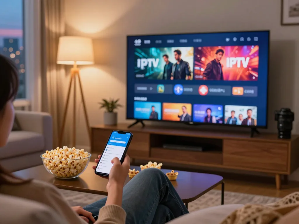 Genieten van IPTV kopen op een smart TV in een gezellige woonkamer met popcorn en smartphone.