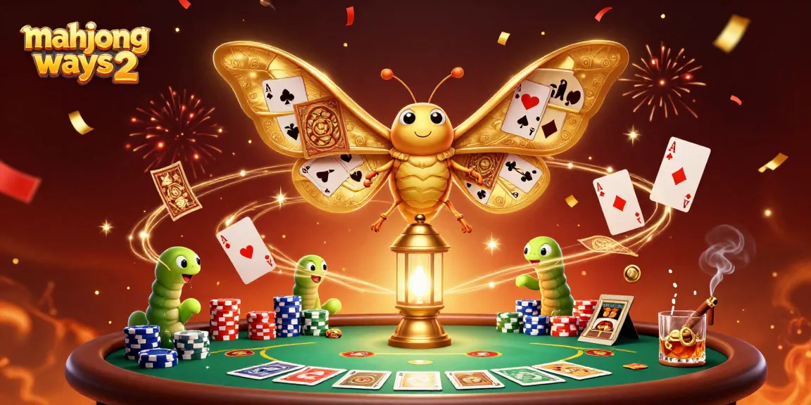 Engage in mahjong ways 2 with vivid casino scenes featuring an animated moth and poker elements.