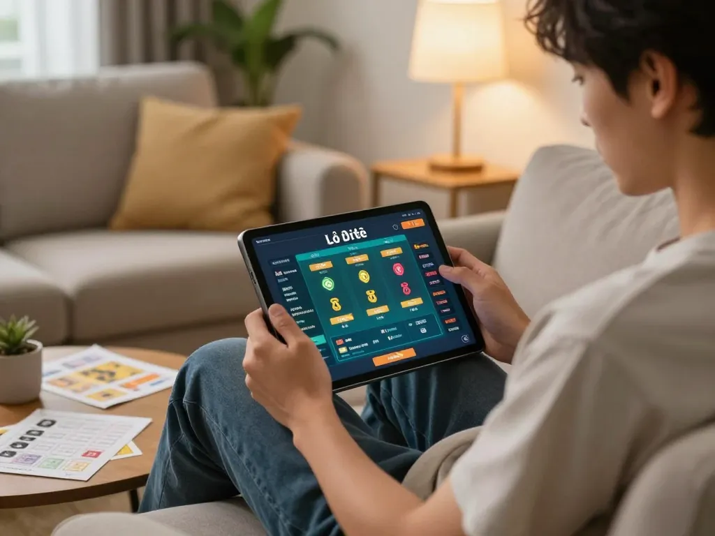 Lô đề online experience with a player engaging in responsible gaming at home, surrounded by strategy notes.