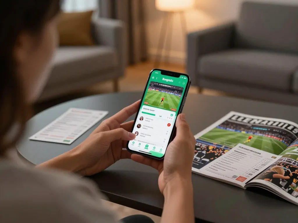 Bongdalu user placing strategic bets on sports events using a mobile app in a cozy home setting