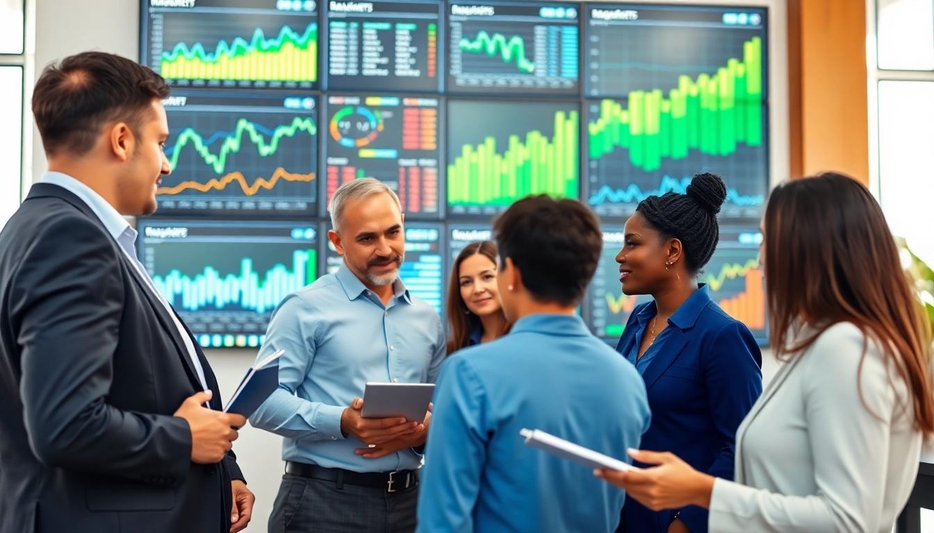 Visualize AI for competitor analysis with a dynamic business team collaborating over data trends.