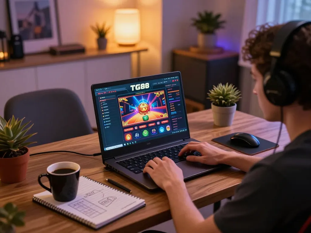 Engaged player experiencing TG88 online casino gaming in a cozy home office.