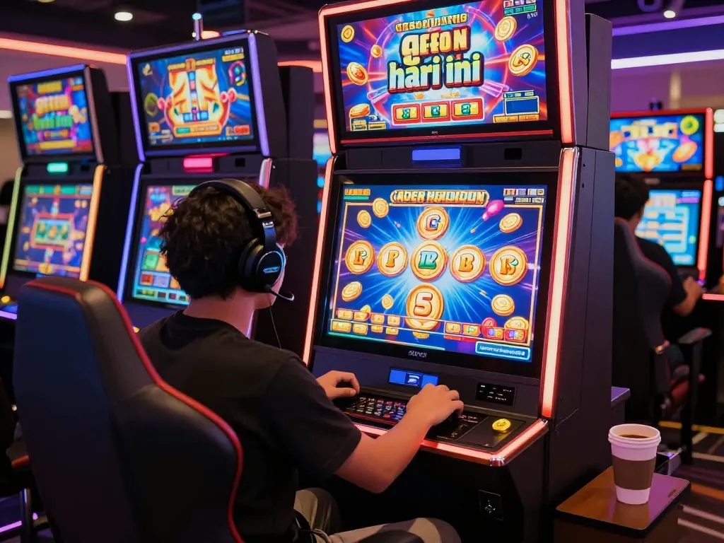 Engaging player enjoying slot gacor hari ini at home with vibrant graphics and cozy atmosphere.