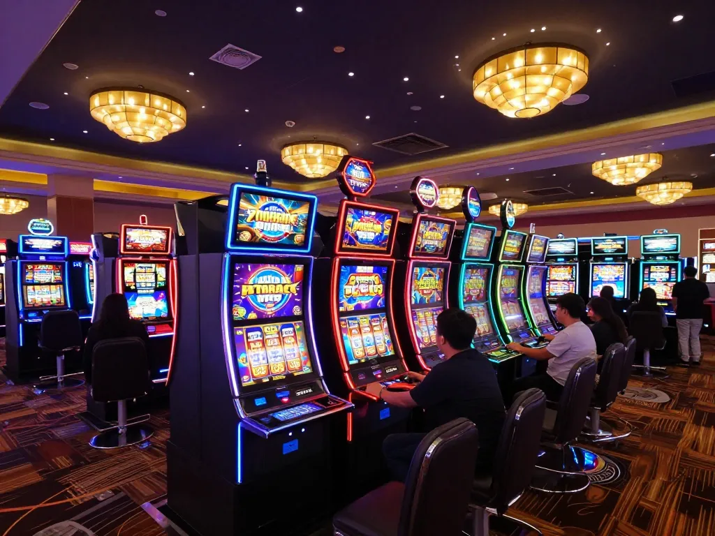 Excited player spinning slot gacor machine reels in colorful casino environment.