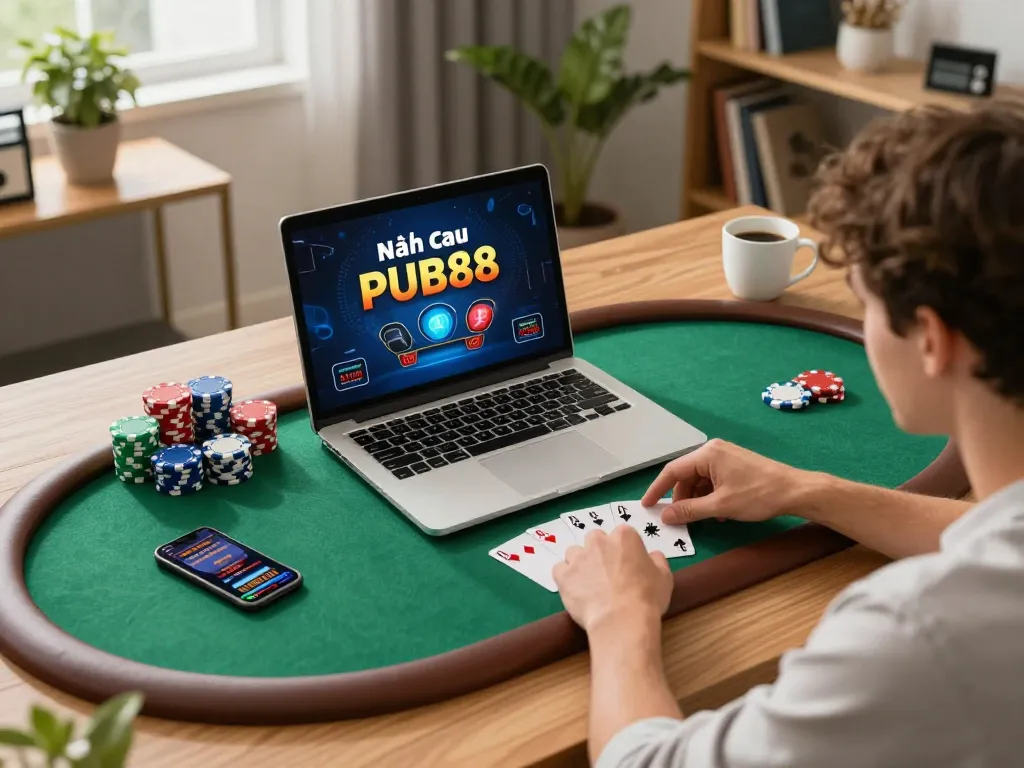 Join the excitement of Nhà cái PUB88 with players engaging in a strategic poker game at home, surrounded by vibrant gaming elements.