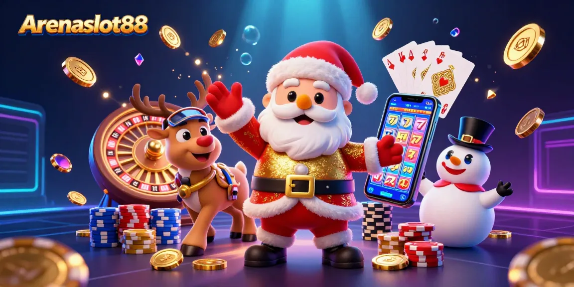 Arenaslot88 menarik perhatian dengan Santa, rusa, dan salju dalam ilustrasi kasino yang megah.