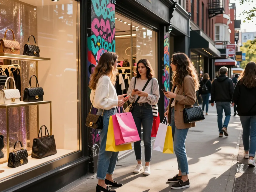 Engaging urban scene showcasing stylish 레플리카 fashion products with vibrant window displays.