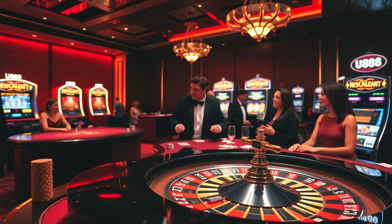 u 888 players engaging at a luxury casino table with vibrant poker chips and cards.